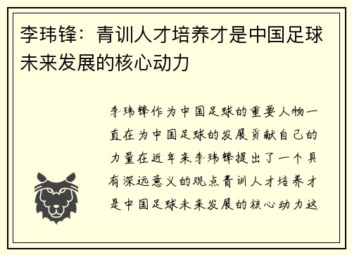 李玮锋：青训人才培养才是中国足球未来发展的核心动力