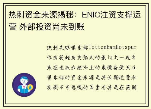 热刺资金来源揭秘：ENIC注资支撑运营 外部投资尚未到账
